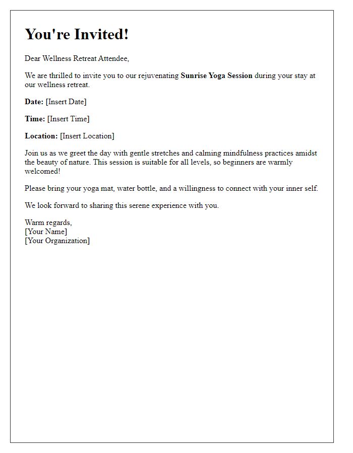 Letter template of sunrise yoga session invite for wellness retreats.