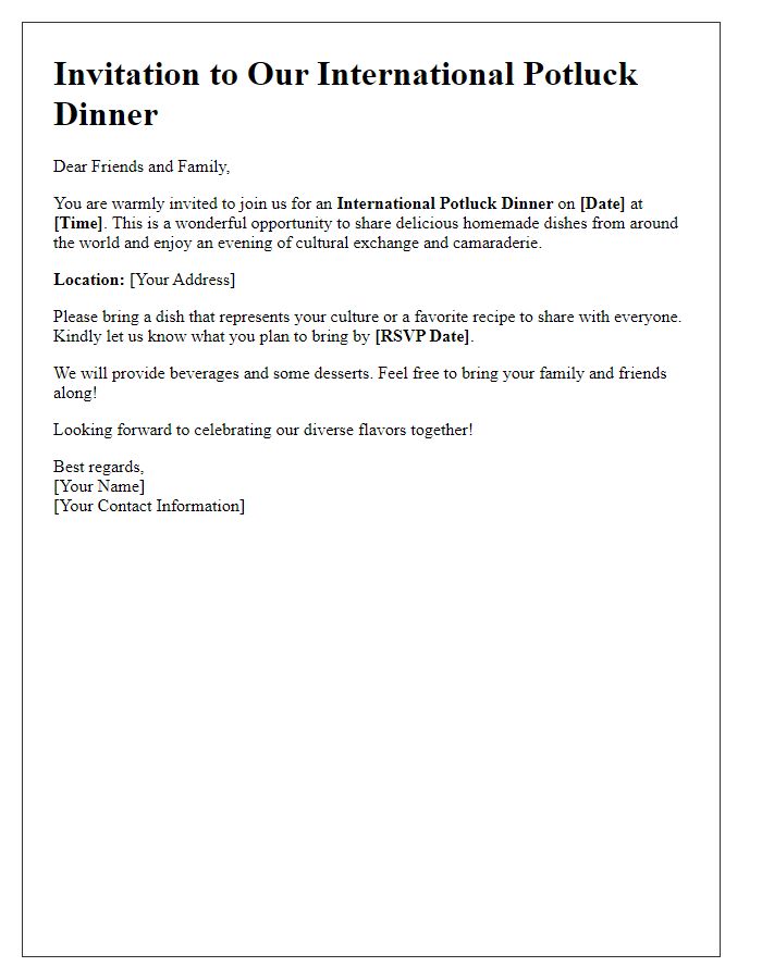 Letter template of invitation for an international potluck dinner.