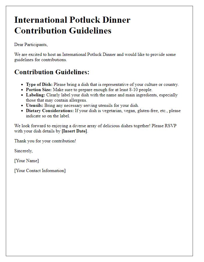 Letter template of potluck dinner contribution guidelines for an international potluck dinner.