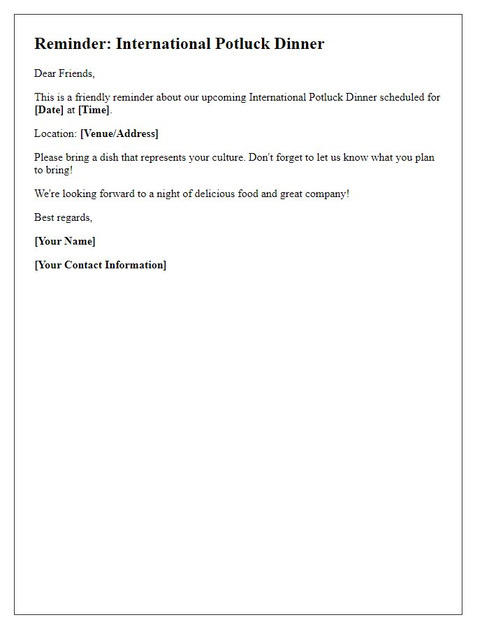 Letter template of reminder for an international potluck dinner.