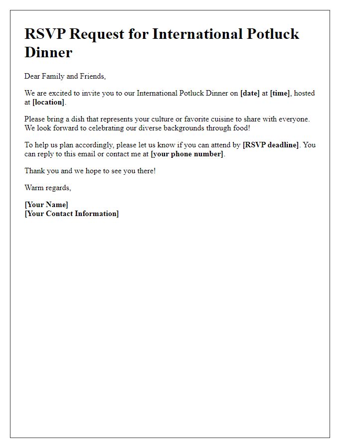 Letter template of RSVP request for an international potluck dinner.