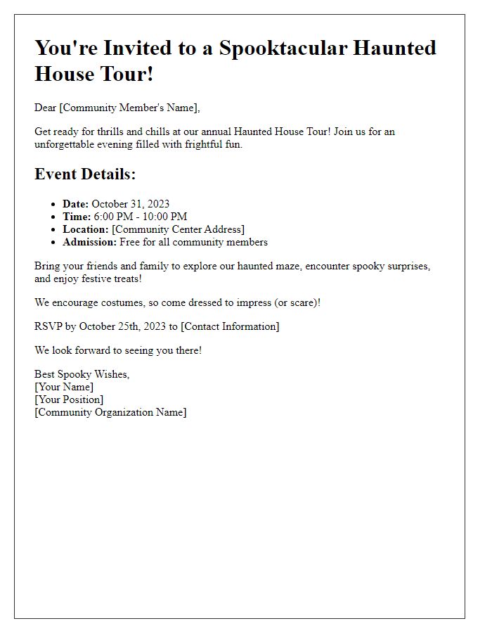 Letter template of haunted house tour invitation for community events.