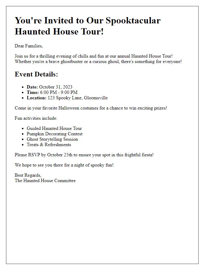 Letter template of haunted house tour invitation for families.