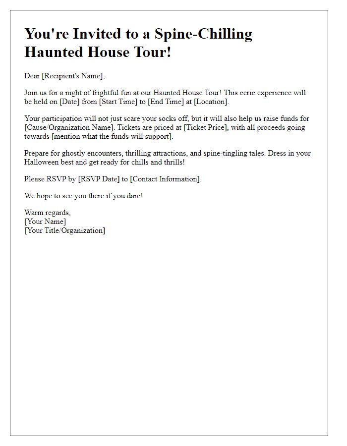 Letter template of haunted house tour invitation for fundraisers.