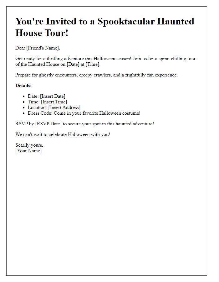 Letter template of haunted house tour invitation for Halloween parties.