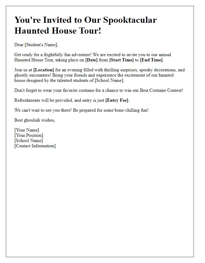 Letter template of haunted house tour invitation for school events.