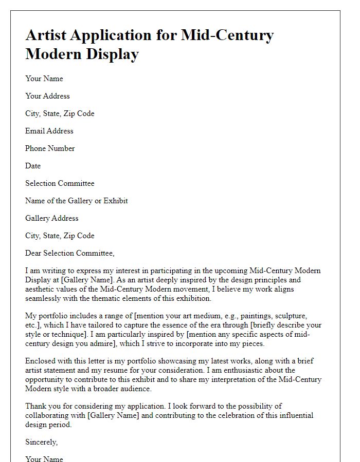 Letter template of artist application for a mid-century modern display.