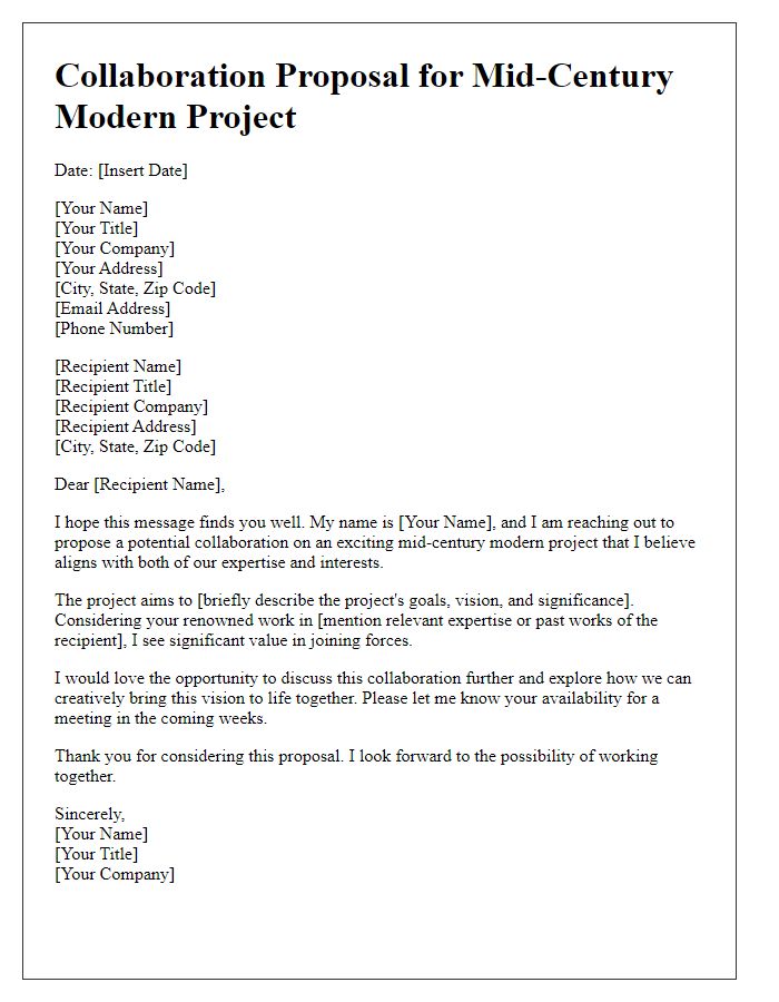 Letter template of collaboration proposal for a mid-century modern project.