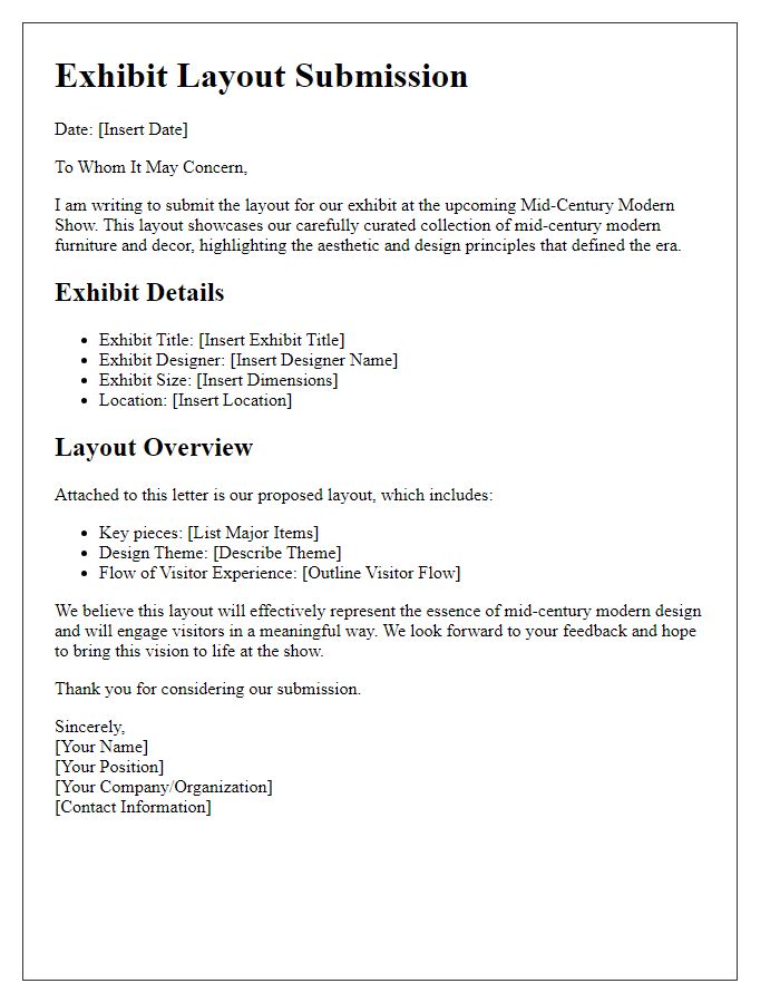 Letter template of exhibit layout submission for a mid-century modern show.