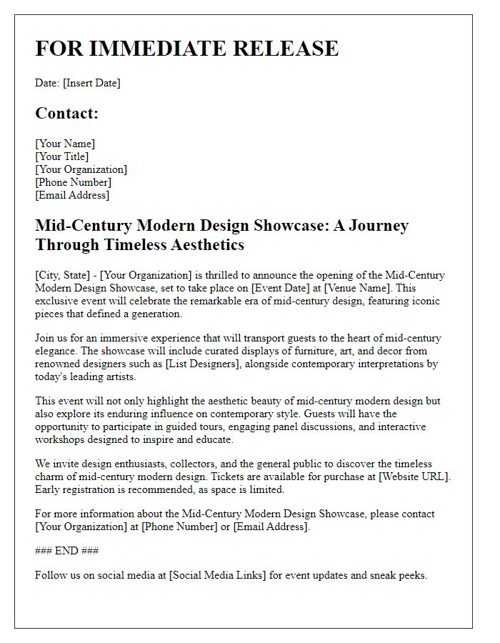 Letter template of press release for a mid-century modern design showcase.