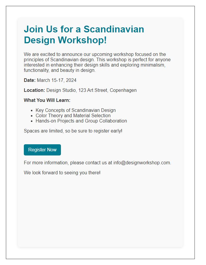 Letter template of Scandinavian design workshop announcement