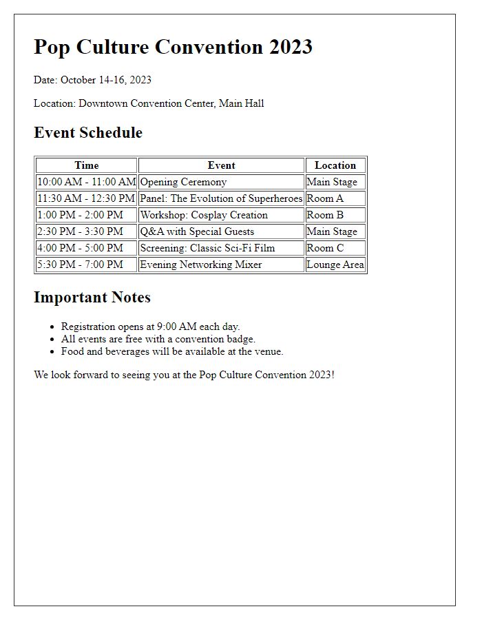 Letter template of event schedule for a pop culture convention.