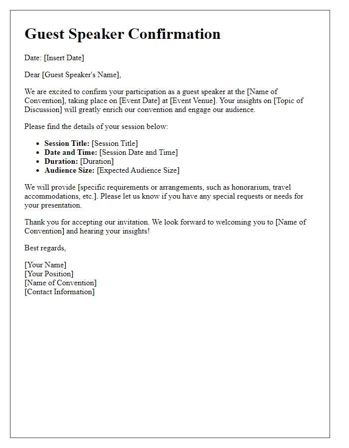 Letter template of guest speaker confirmation for a pop culture convention.