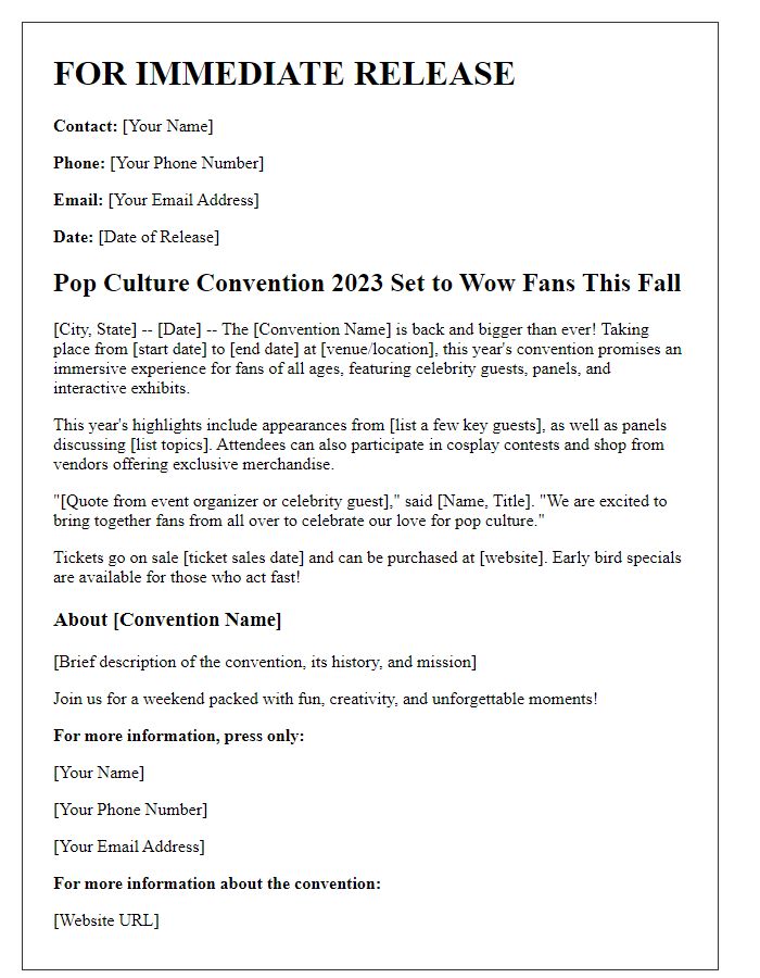 Letter template of press release for a pop culture convention.