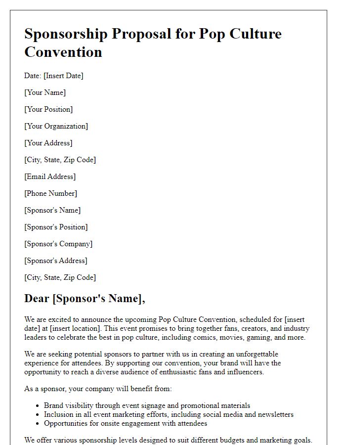 Letter template of sponsorship proposal for a pop culture convention.