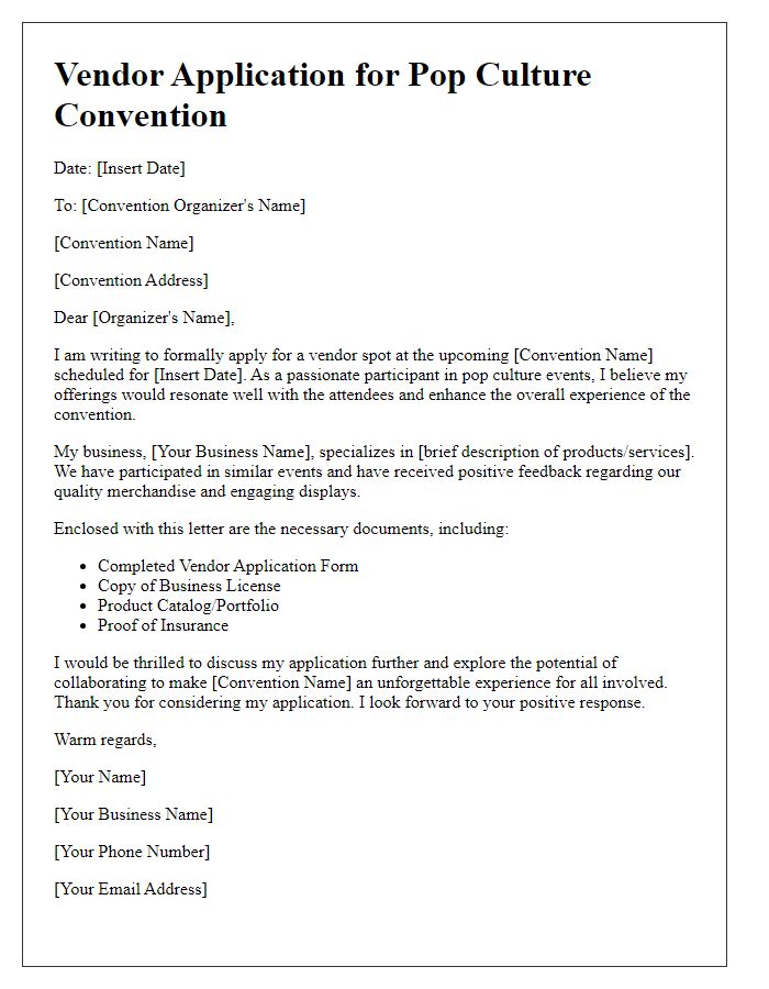 Letter template of vendor application for a pop culture convention.