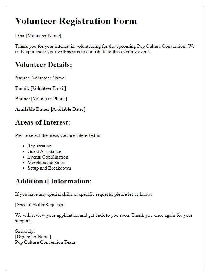 Letter template of volunteer registration for a pop culture convention.