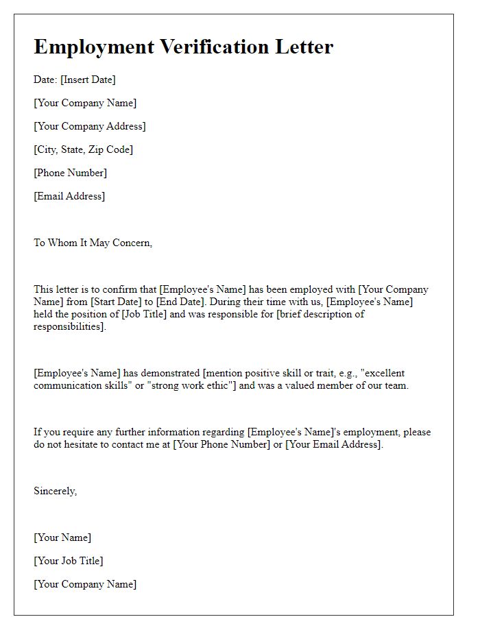 Letter template of employment verification for reference