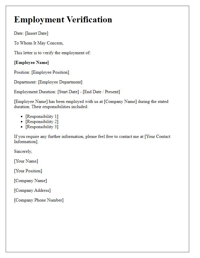 Letter template of employment verification summary