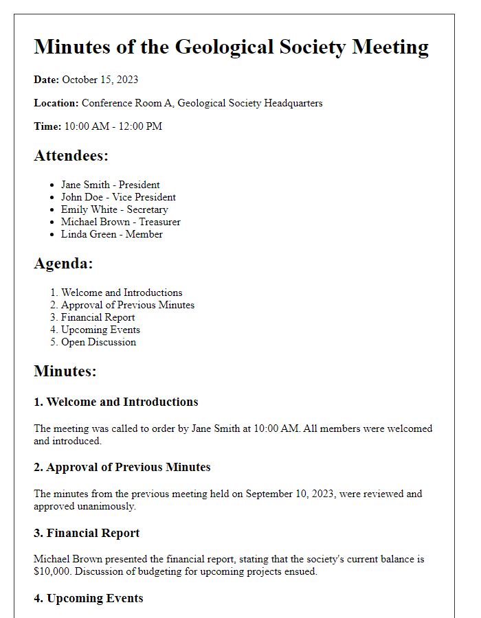 Letter template of minutes from geological society meeting