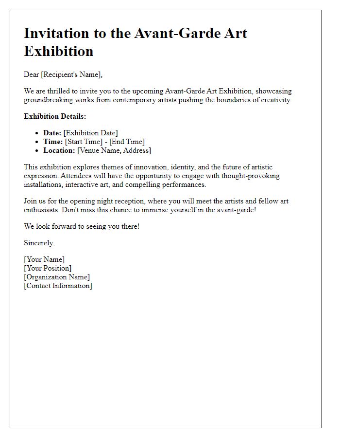 Letter template of exhibition brochure for avant-garde art exhibition