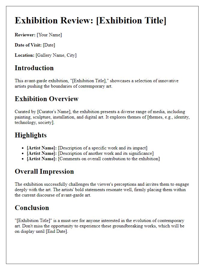 Letter template of an exhibition review for avant-garde art exhibition