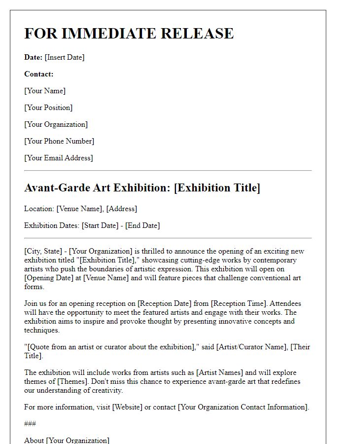 Letter template of a press release for avant-garde art exhibition