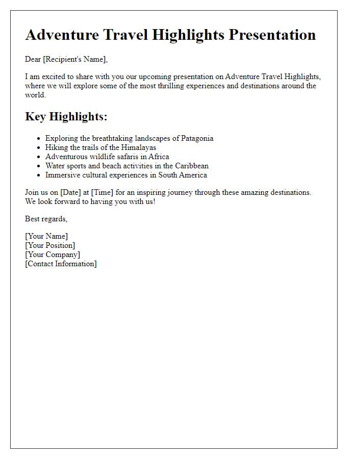 Letter template of Adventure Travel Highlights Presentation