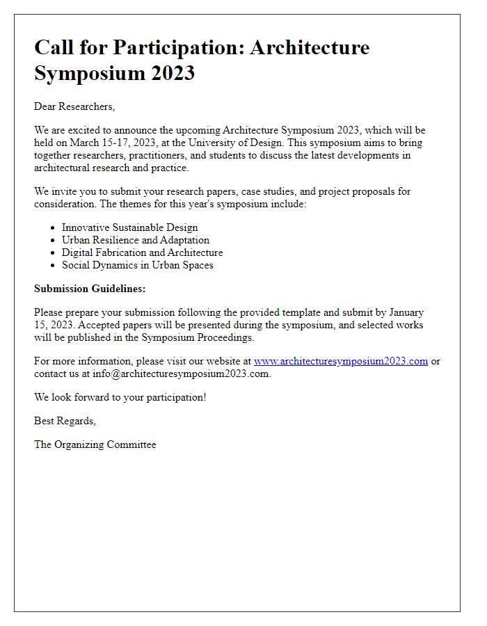 Letter template of call for participation in architecture symposium for researchers