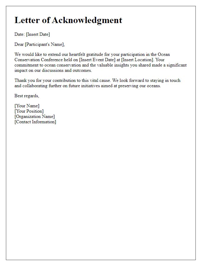 Letter template of acknowledgment for ocean conservation conference participants