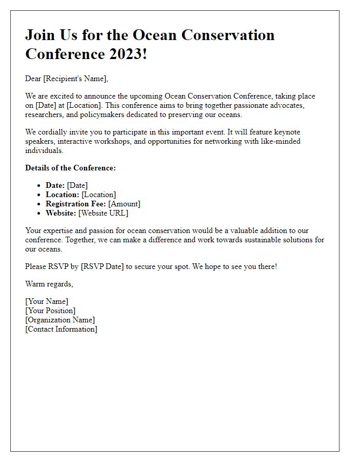 Letter template of promotional outreach for ocean conservation conference