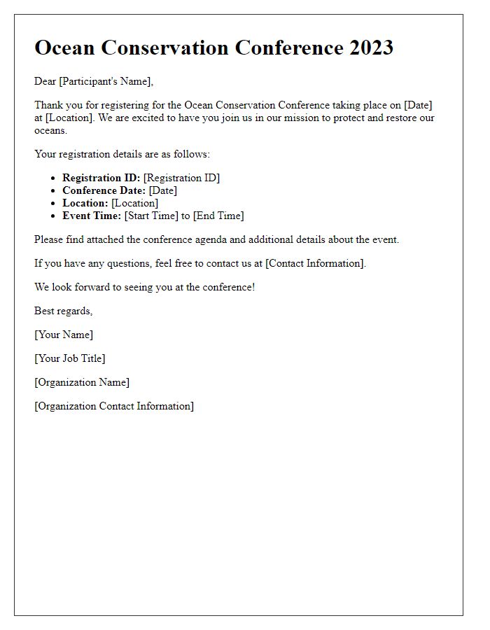 Letter template of registration confirmation for ocean conservation conference