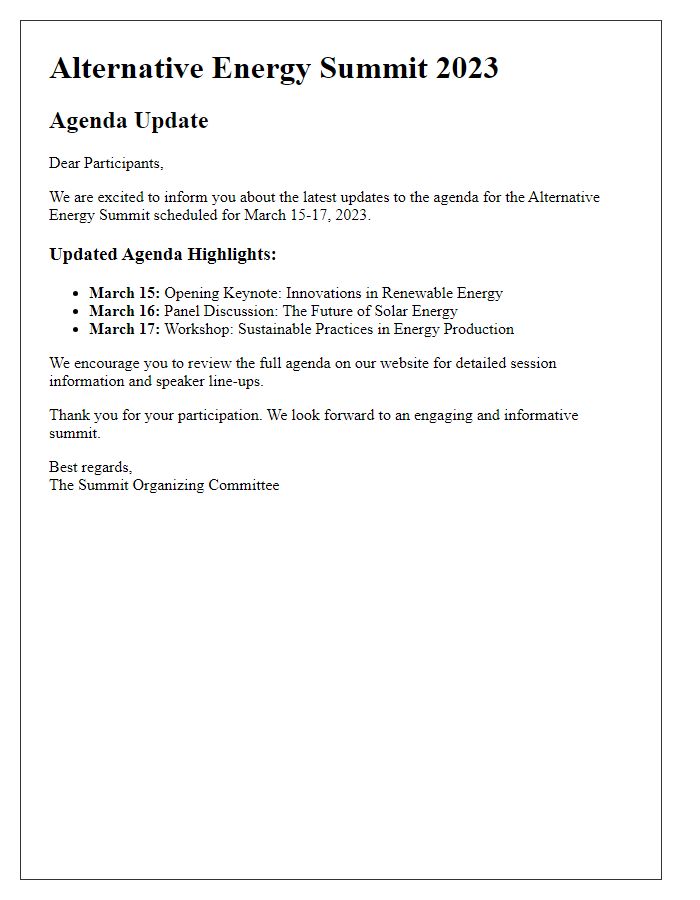 Letter template of agenda update for alternative energy summit.