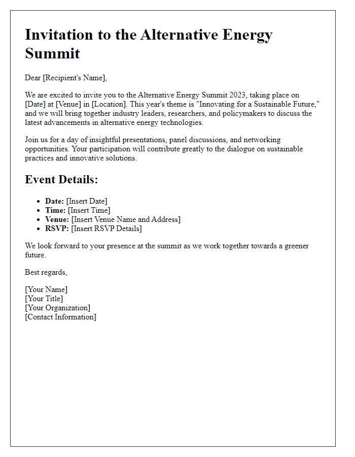 Letter template of invitation to alternative energy summit.