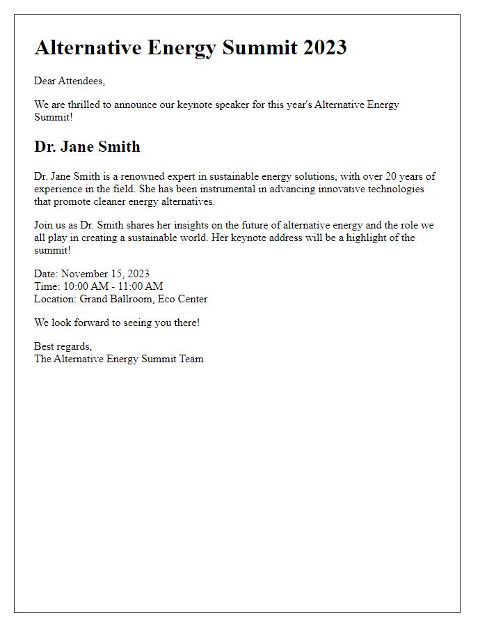 Letter template of keynote speaker announcement for alternative energy summit.