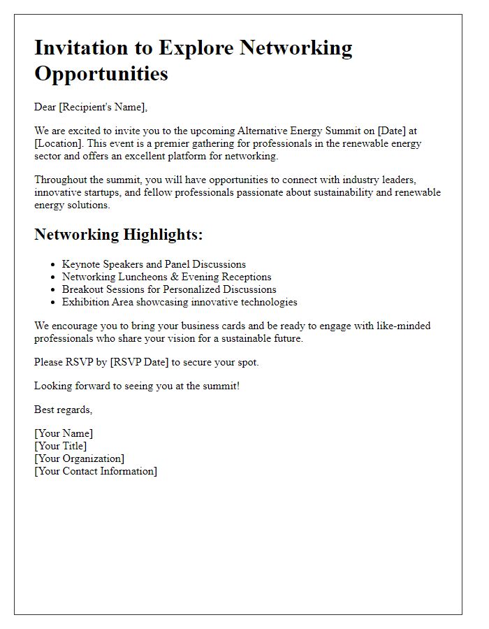 Letter template of networking opportunities at alternative energy summit.