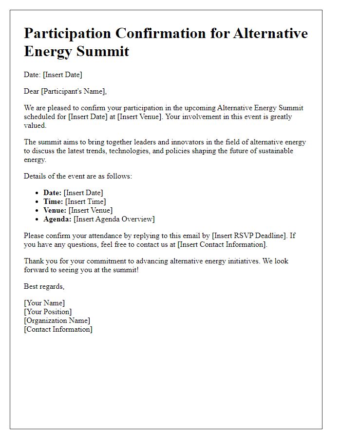 Letter template of participation confirmation for alternative energy summit.