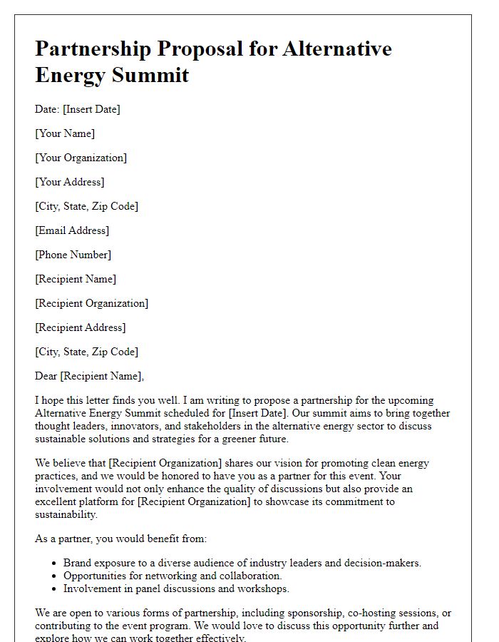 Letter template of partnership proposal for alternative energy summit.