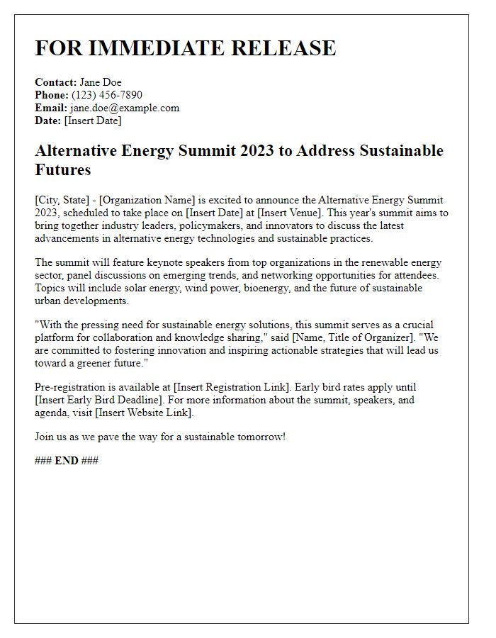 Letter template of press release regarding alternative energy summit.