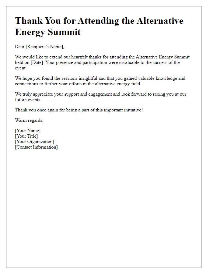 Letter template of thank you for attending alternative energy summit.