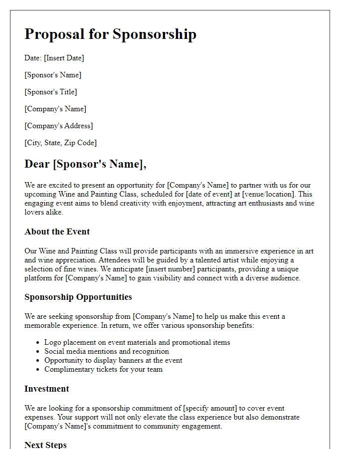 Letter template of sponsorship proposal for a wine and painting class.