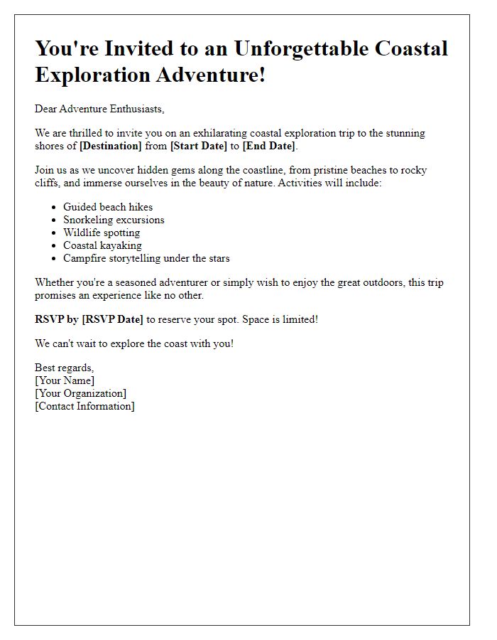 Letter template of a coastal exploration trip invitation for adventure enthusiasts.