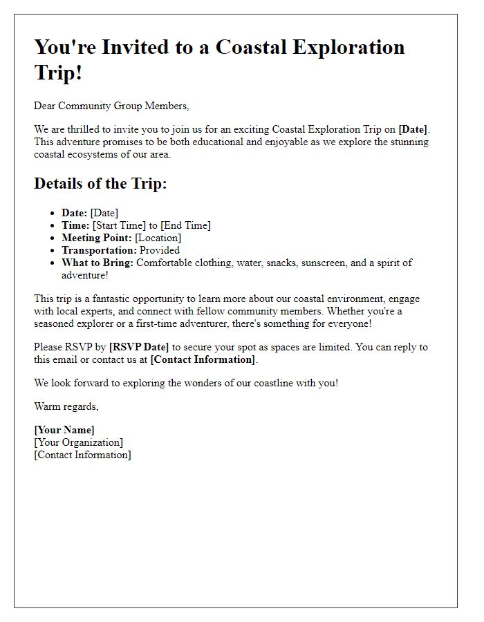 Letter template of a coastal exploration trip invitation for community groups.