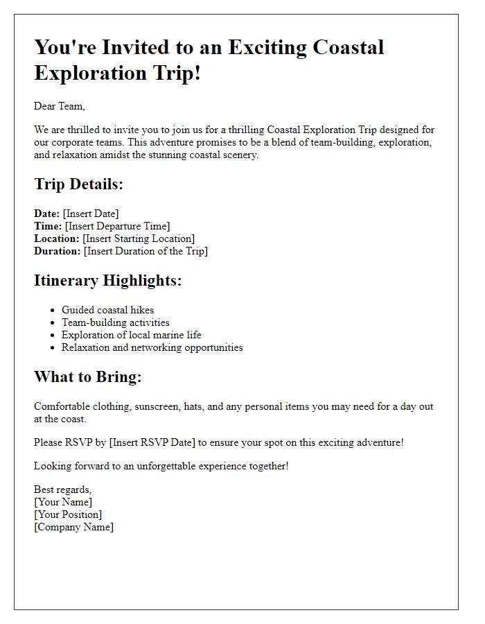 Letter template of a coastal exploration trip invitation for corporate teams.