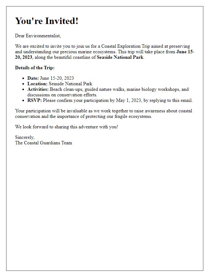 Letter template of a coastal exploration trip invitation for environmentalists.