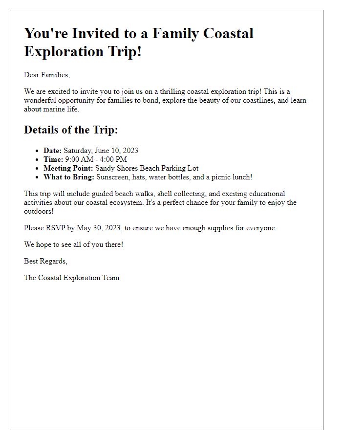 Letter template of a coastal exploration trip invitation for families.