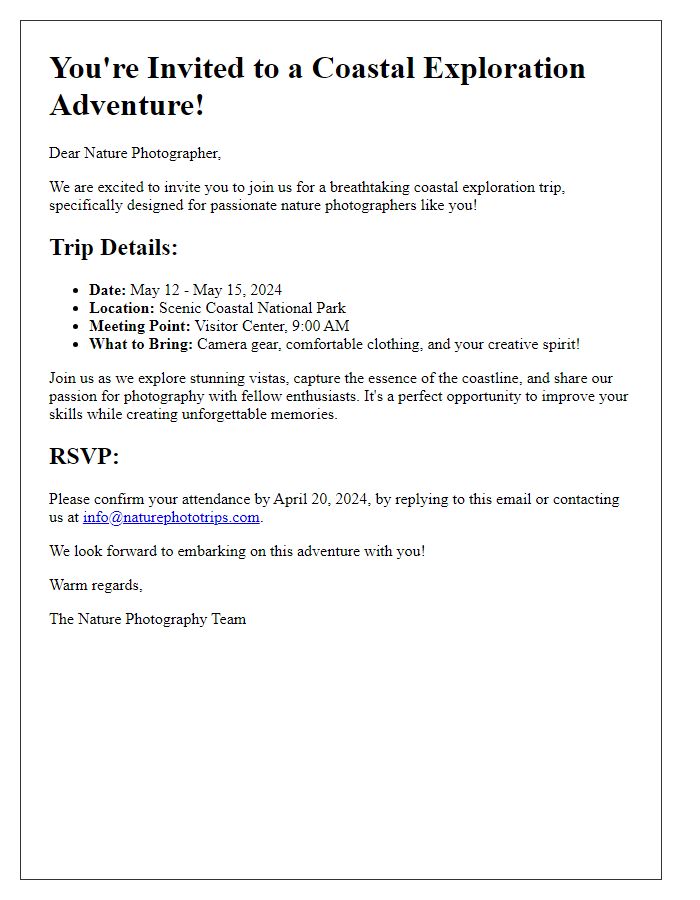 Letter template of a coastal exploration trip invitation for nature photographers.