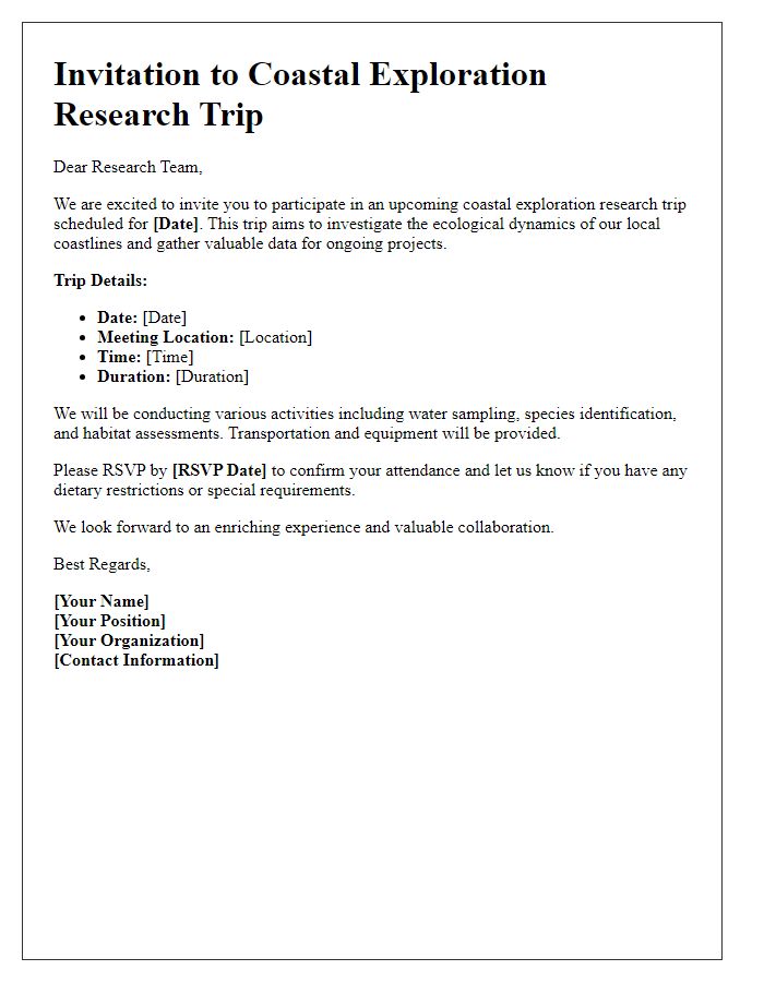 Letter template of a coastal exploration trip invitation for research teams.