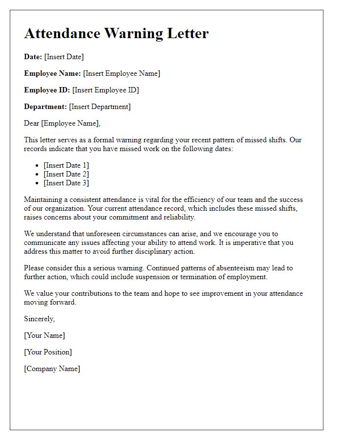 Letter template of attendance warning for pattern of missed shifts