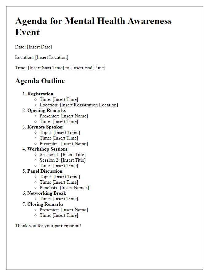 Letter template of agenda outline for a mental health awareness event